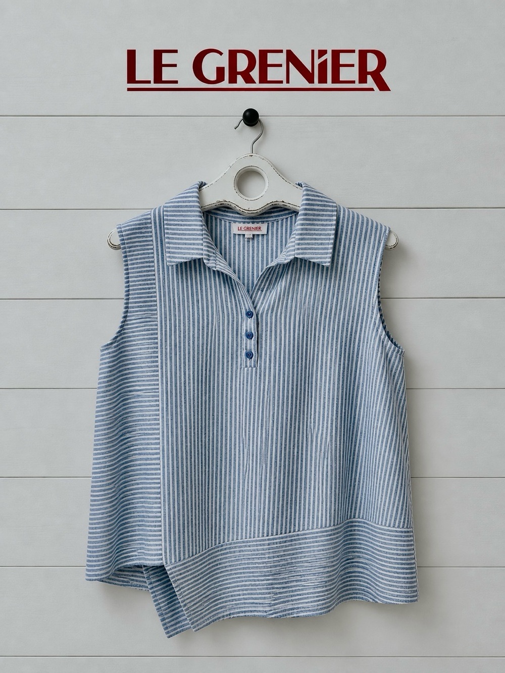 LE GRENIER Blue Striped Sleeveless Blouse Size L